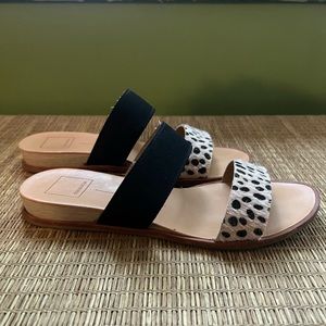 Dolce Vita sandals with leopard print calf hair strap and black elastic strap.